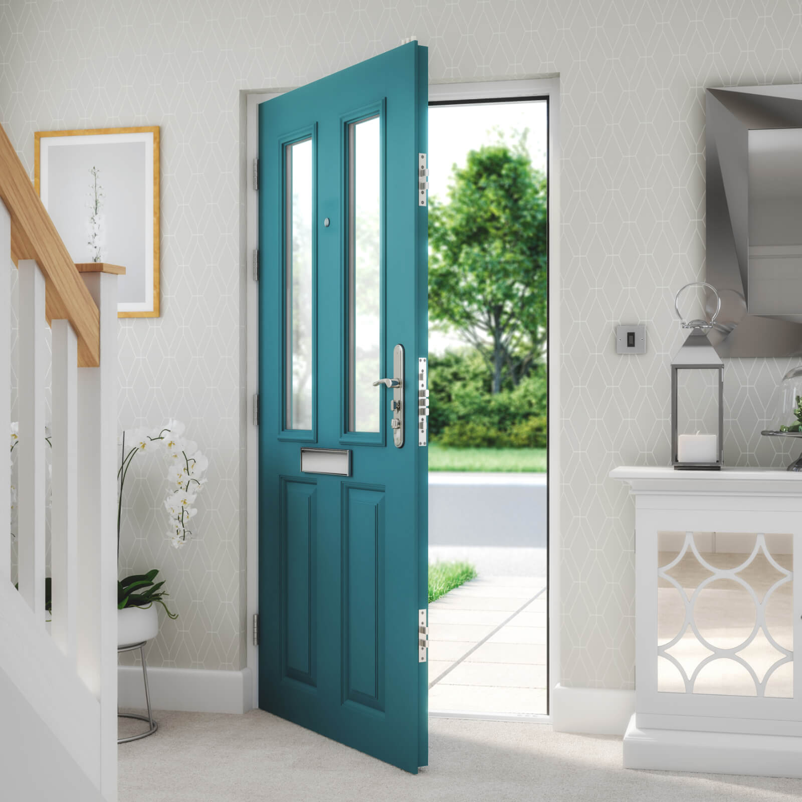 peacock blue panelled front door internal door & frame painting sg